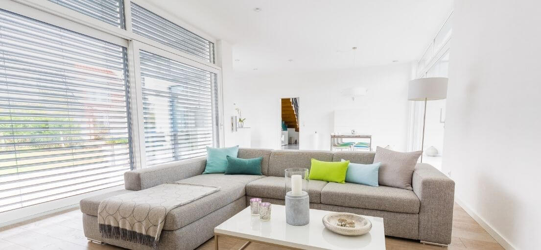Box Canyon house: Enhance privacy and light control with cordless window blinds.