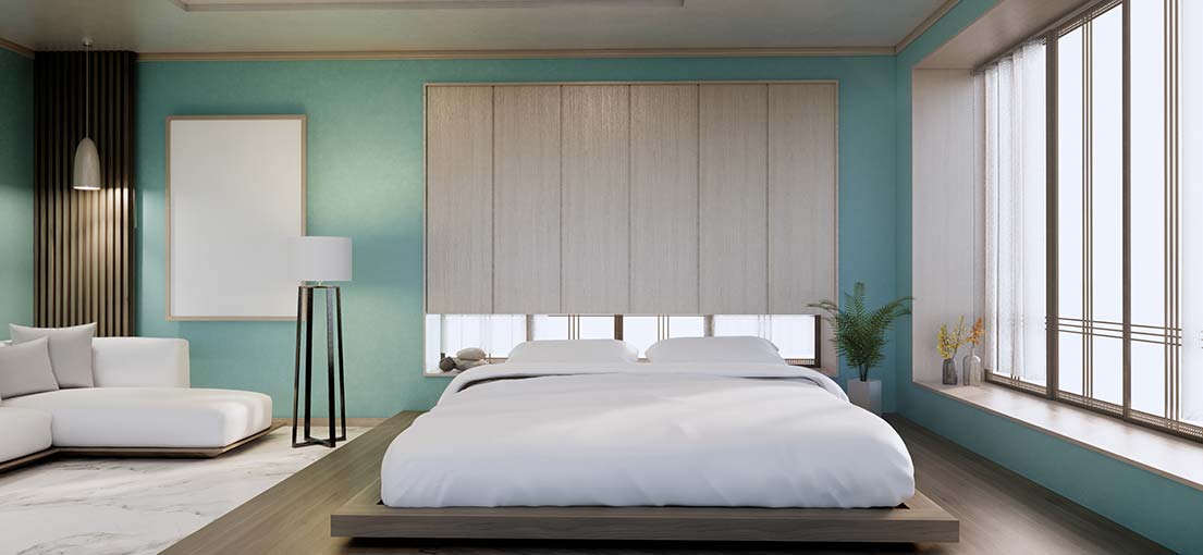 Bedroom in San Marino with blackout roller shades for a restful sleep.