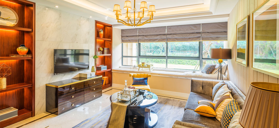 Heavy Roman window shades in a luxury living space