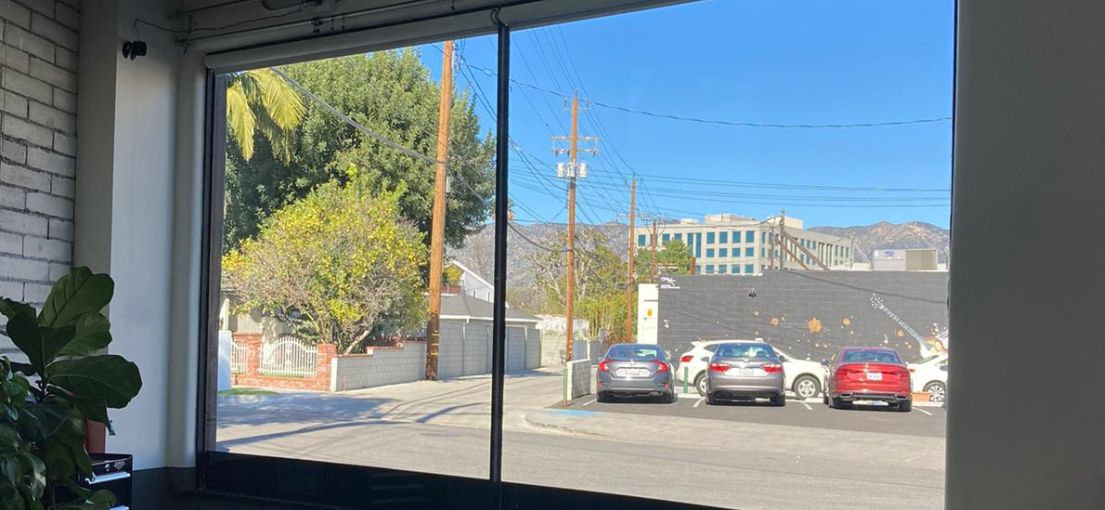 A view through the hair cut salon window