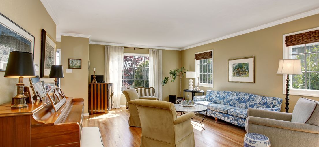 Vintage style living room with bamboo window shades