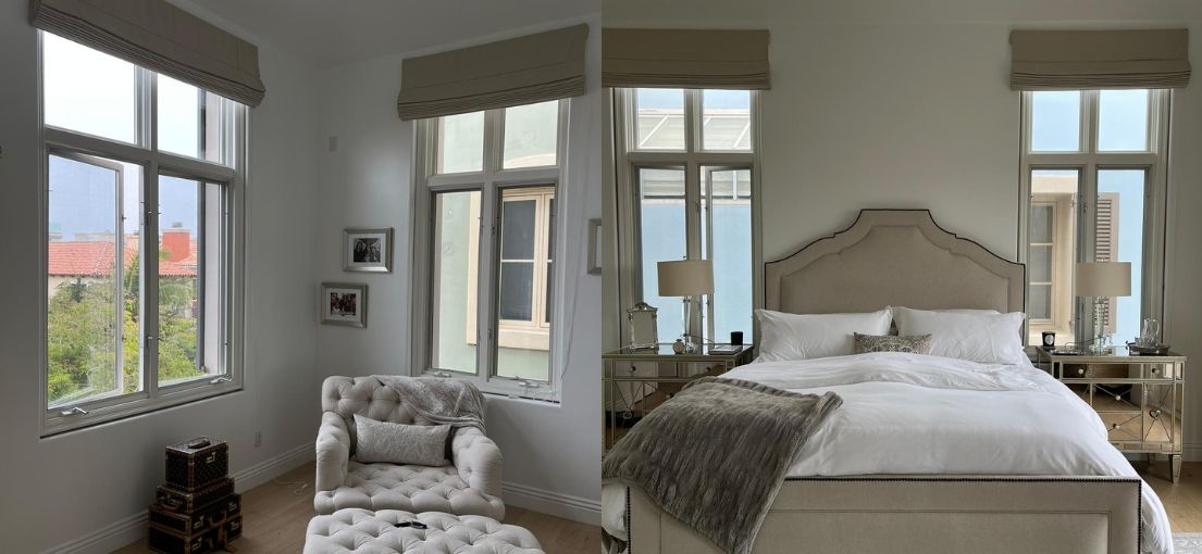 Elegant Master Bedroom with Symmetrical Windows Adorned in Beige Roman Shades, Creating a Timeless Retreat.