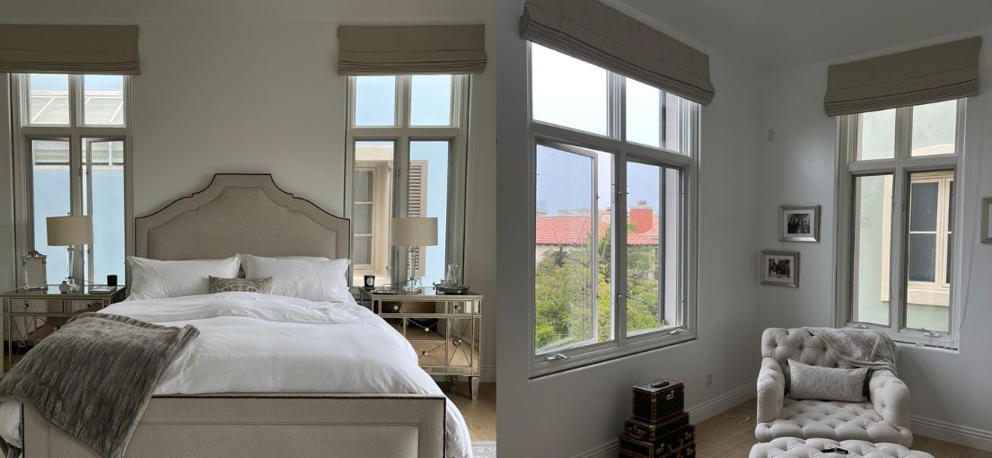 Cozy Reading Corner in the Master Bedroom, Sofa Nestled by Roman Shades on the Window, Inviting Serenity and Style