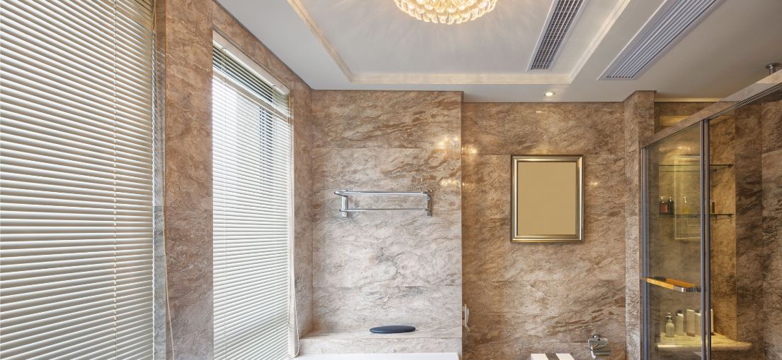 Chic window treatment with mini blinds in a lavish bathroom