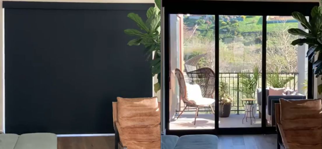 Lutron motorized window treatment closing smoothly on balcony doors