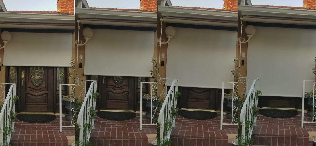 Close-up of automatic exterior shades structure with blackout material.