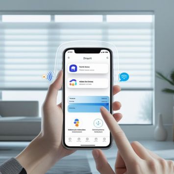 Person using a smartphone app to seamlessly control window blinds in a modern living room, highlighting easy integration with Google Assistant and Amazon Alexa for Master Blinds motion blinds.