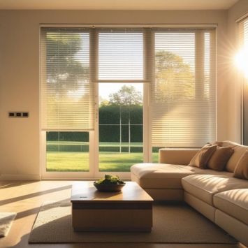 Modern living room with automated blinds partially closed, sunlight filtering in, illustrating how motion blinds enhance home privacy and create a secure, lived-in appearance even when residents are away. Related Image Title: Privacy and Security Motion Blinds for Smart Homes Alt Text: Automated motion blinds enhancing privacy and security while you’re away