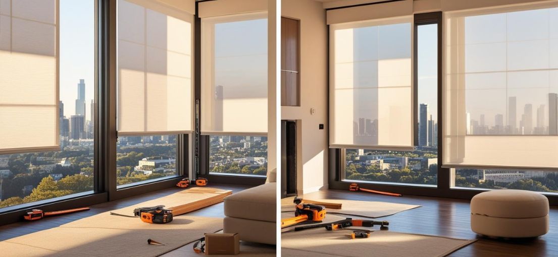 Tools and materials arranged in a bright, modern living room during the installation and maintenance of automated motion blinds, highlighting easy setup and upkeep for smart window treatments.
