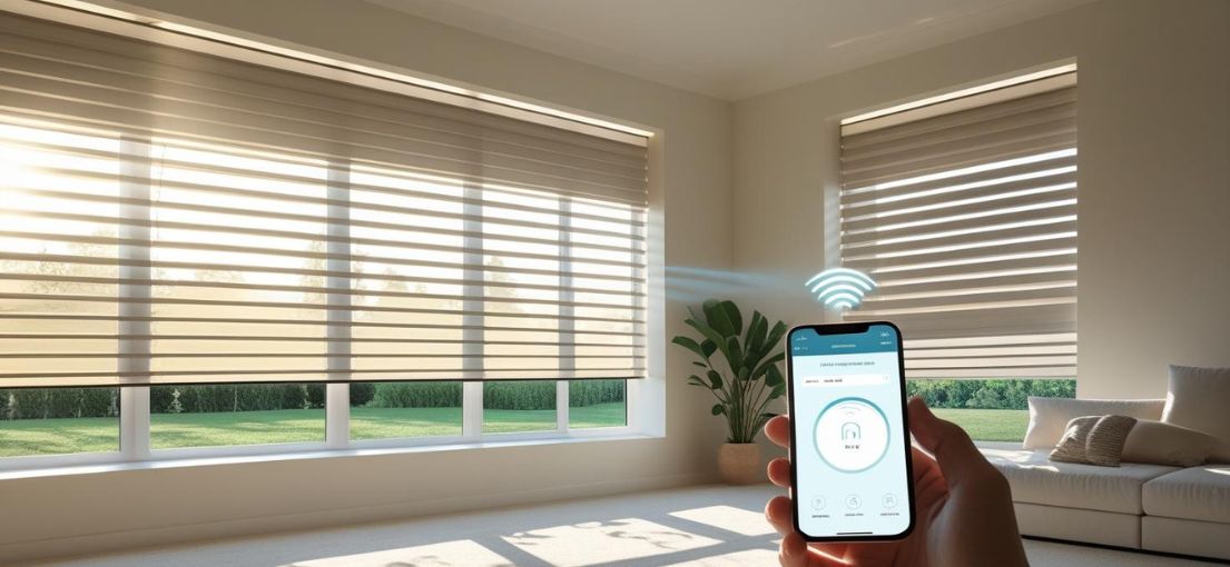 Person using smartphone app to wirelessly control modern motorized window blinds in a bright living room