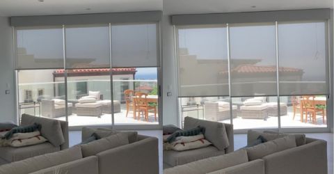 Motorized roller shades installed in Venice living room large glass doors
