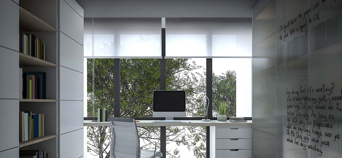 Big glass office wall covered with roller shades