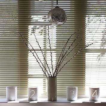 A lovely vase in front of the window covered with manual controlled blackout blinds
