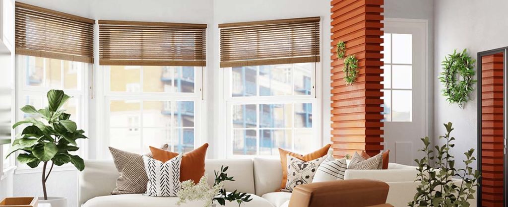Faux wood Venetian blinds in a bright living room