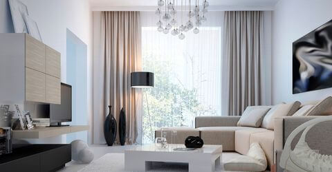 Modern interior living room with motorized blackout curtains