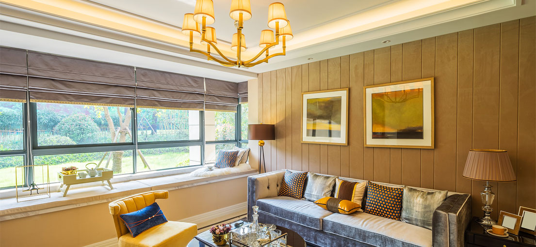 Heavy Roman window shades in a luxury living space