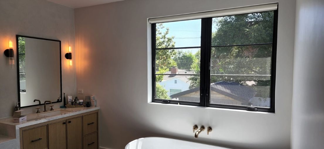 A view at roller window shades in bathroom