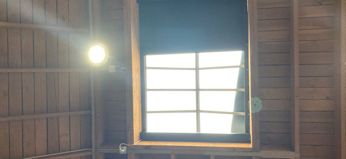 A view on a barn roof with skylight window