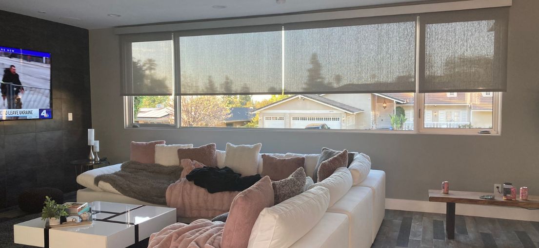 Living room space with glass walls adorned with elegant roller shades by Master Blinds.